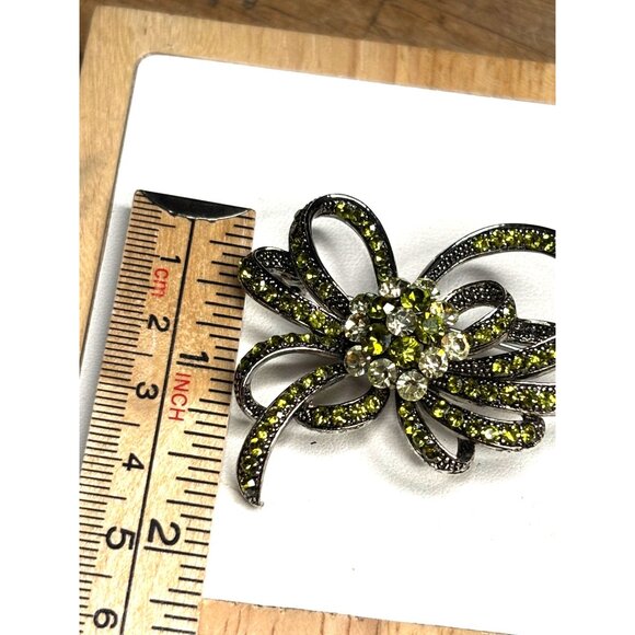 Vintage Rhinestone Bow Brooch Pin With Yellow & Clear Crystals - Picture 4 of 8
